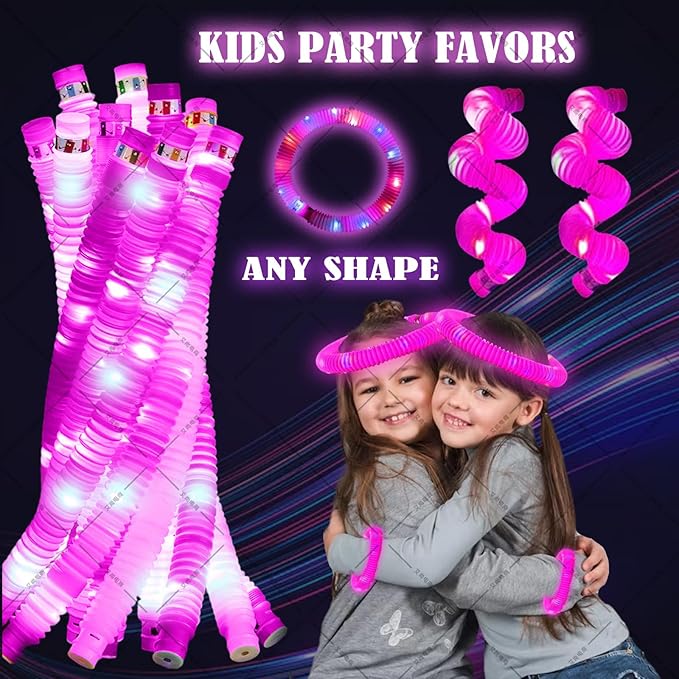 Pink 6PCS Light Up Pop Fidget Tubes Party Favors-Glow in The Dark Party Supplies for Kids and Adults, Perfect for Festivals, Birthday Parties, Raves, Concerts, and Camping Decorations