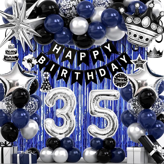 35th Birthday Decorations for Men and Women, Black Blue Silver Happy Birthday Number 35 Balloons, Banner, Fringe Curtains Garland Kit - 35 Year Old Party Supplies