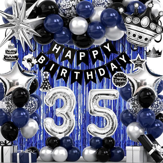 35th Birthday Decorations for Men and Women, Black Blue Silver Happy Birthday Number 35 Balloons, Banner, Fringe Curtains Garland Kit - 35 Year Old Party Supplies