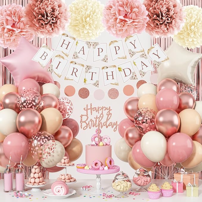 Pink Birthday Decorations for Women, Boho Dusty Pink Rose Gold Blush Beige Latex Balloons Happy Birthday Banner Foil Fringe Curtain Tissue Paper Pompom for Woman Girls Party Decoration Supplies