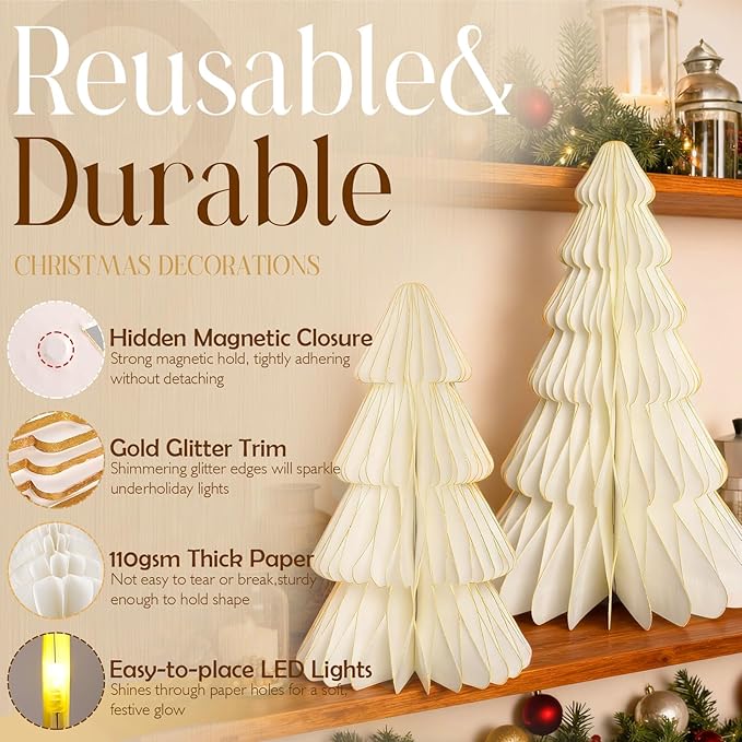 Christmas Table Decorations Indoor, 5 Pcs Large White Honeycomb Paper Christmas Trees, Vintage Light Up Table Centerpieces for Xmas Winter Wonderland Holiday Party Weddings Home Decor, 12/14/16 Inch