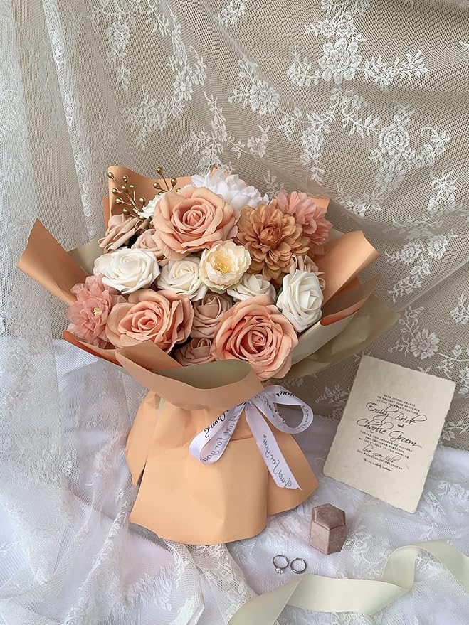 Roses Artificial Flowers Orange Bouquets Box Set Fake Flower with Stems for DIY Bridal Wedding Shower Decorations Faux Silk Floral Arrangements for Party Table Centerpieces Home Decor Indoor