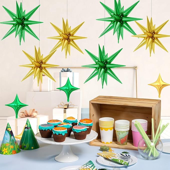 18 Pcs Green Gold Star Balloons, Gold and Green Balloon with 6 Pcs 22-Inch Explosion Star Balloons 12Pcs 10-Inch Four Pointed Stars Foil Balloon for Anniversary Disco Birthday Party Decorations
