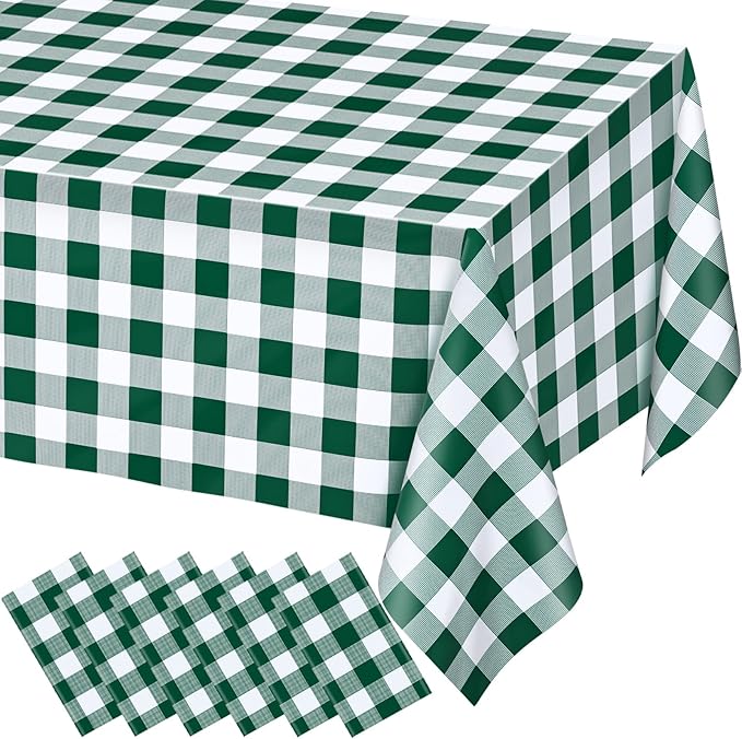 WNINK 6 Pack Green and White Checkered Rectangular Plastic Tablecloths, Green Gingham Waterproof Disposable Table Covers 54" x 108" for Birthday, Wedding, Outdoor Picnic Camping Parties