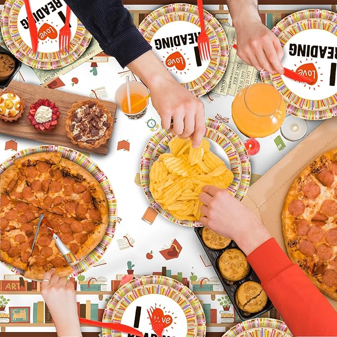 142 Pcs Vintage Book Theme Party Tableware Book Club Birthday Party Supplies Library Reading Themed Disposable Plates Napkins Cups and Forks Set