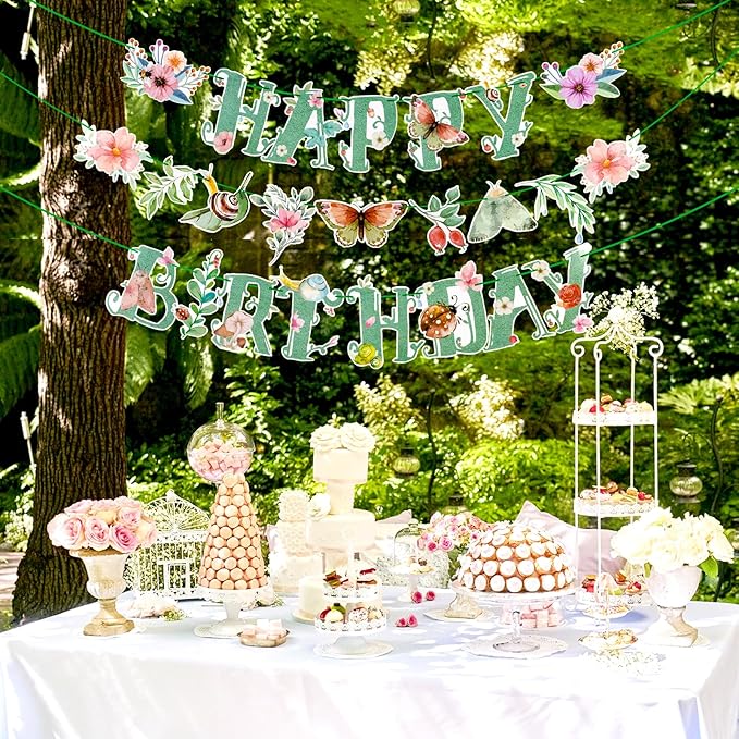 SUNBEAUTY Wildflower Happy Birthday Banner Sage Green Floral Flower Party Decorations Green Butterfly Flowers Banner Summer Spring Butterfly Birthday Party Decorations | Pre-Strung