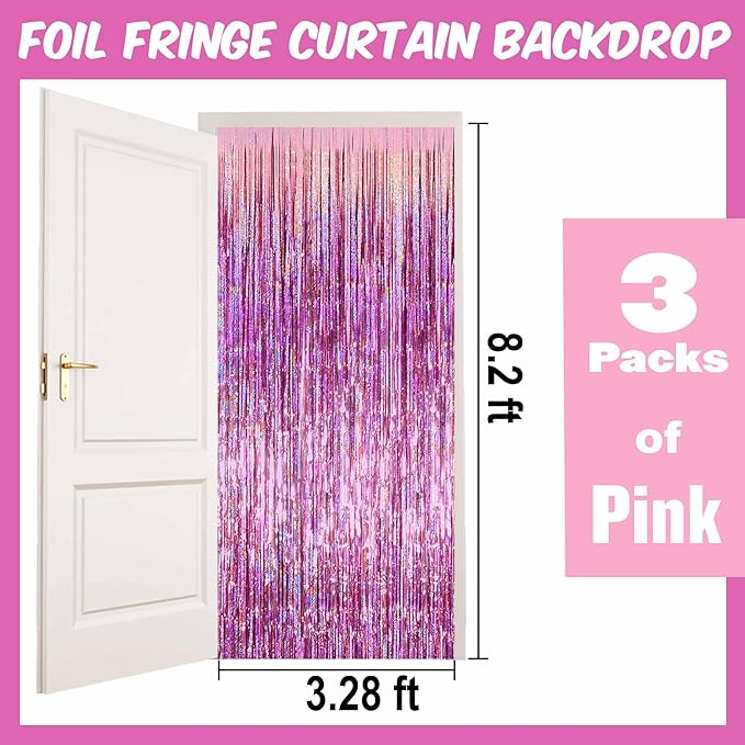 3 Pack Pink Foil Fringe Curtains Backdrop, 3.28 x 8.2 Ft Metallic Streamers Tinsel Curtains Background for Photo Booth, Birthday, Christmas, Halloween, Thanksgiving, New Year Party Decorations