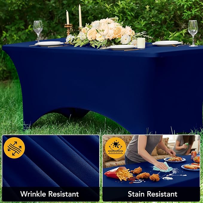 8-Pack Premium Navy Blue Spandex Tablecloths for 6ft Rectangle Tables, Stain & Wrinkle-Resistant, Washable Stretch Polyester Fitted Table Cover for Weddings, Banquets, Trade Shows Events