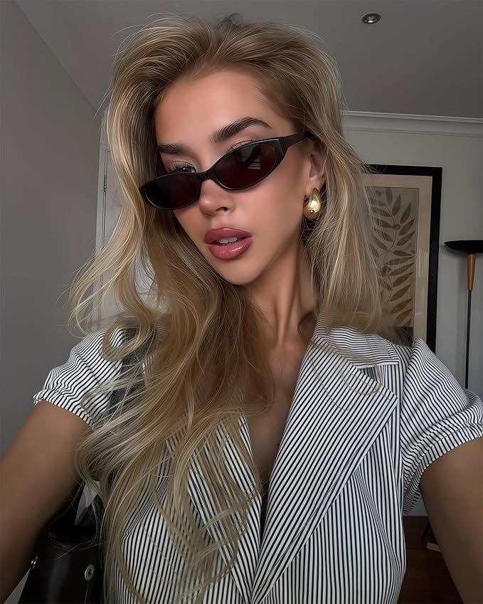 Retro Oval Sunglasses for Women Chic Cat Eye 90s Sunnies Lightweight Narrow Shades Trendy UV protection Sun Glasses