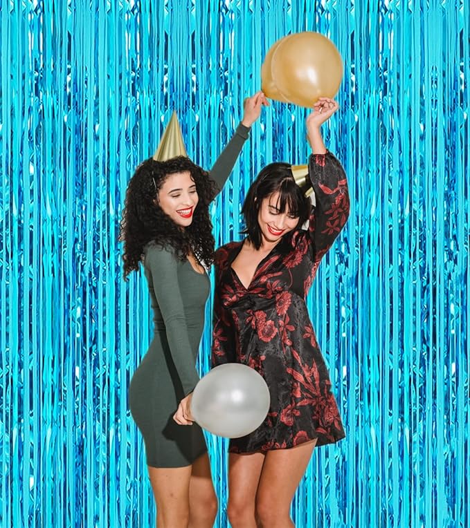 2 Pcs 3.2ft x 8.2ft Shiny Blue Metallic Tinsel Foil Fringe Curtain Photo Booth Backdrop for Birthday Wedding Holiday Bridal Shower Baby Shower Bachelorette Party Decorations