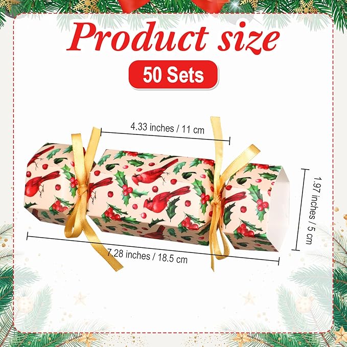 Xinnun 50 Packs Christmas Cracker Kit No Snap Xmas Party Table Favors Snowflake Reindeer DIY Christmas Party Cracker Candy Boxes for Holiday Dinner Decoration Gift (Poinsettia Style)