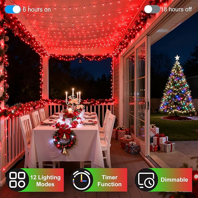240FT 750LED Christmas Lights,12 Modes Red Outdoor String Lights with Timer & Dimmable, Waterproof Green Wire Christmas String Lights for Indoor Tree Xmas Patio Fence Balcony Garden Party Decor Red