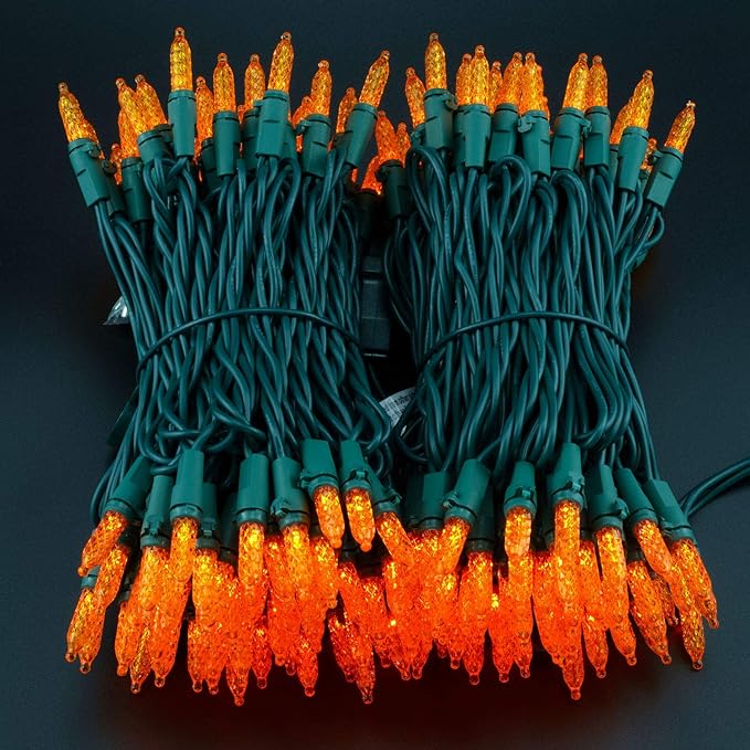 YULETIME Orange Faceted LED Christmas Lights 200 Count 50 ft, Pack of 2 Strands 25 ft 100 Lights UL Certified Halloween String Light Set (Orange)
