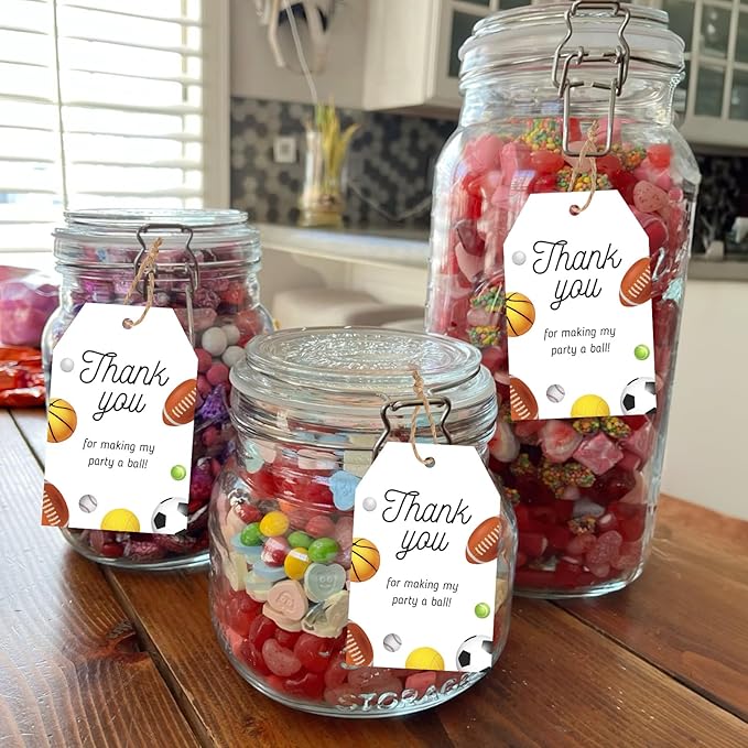 G2PLUS 50PCS Sports Thank You Tags, Thank You Gift Tags with String, Thank You for Making My Party A Ball Tag, Basketball Football Label Hangtags for Birthday, Baby Shower Party Favors