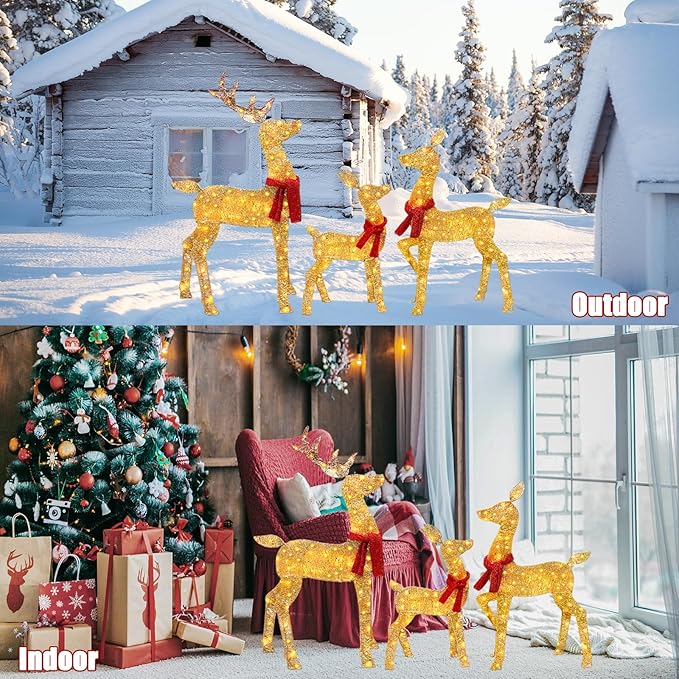 2025 New 48" 2.5D Lighted Christmas Deer Decorations, 3-Piece Lighted Christmas Deer Family Set, 4FT Large Outdoor Yard Reindeer Holiday Decoration with145 LED Lights, Gold