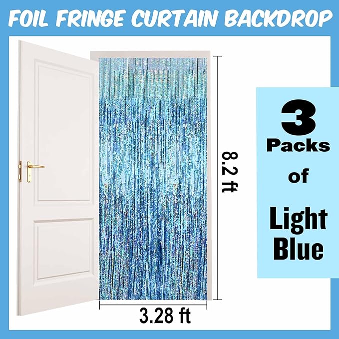 3 Pack Light Blue Foil Fringe Curtains Backdrop, 3.28 x 8.2 Ft Metallic Streamers Tinsel Curtains Background for Photo Booth, Birthday, Christmas, Halloween, Thanksgiving, New Year Party Decorations