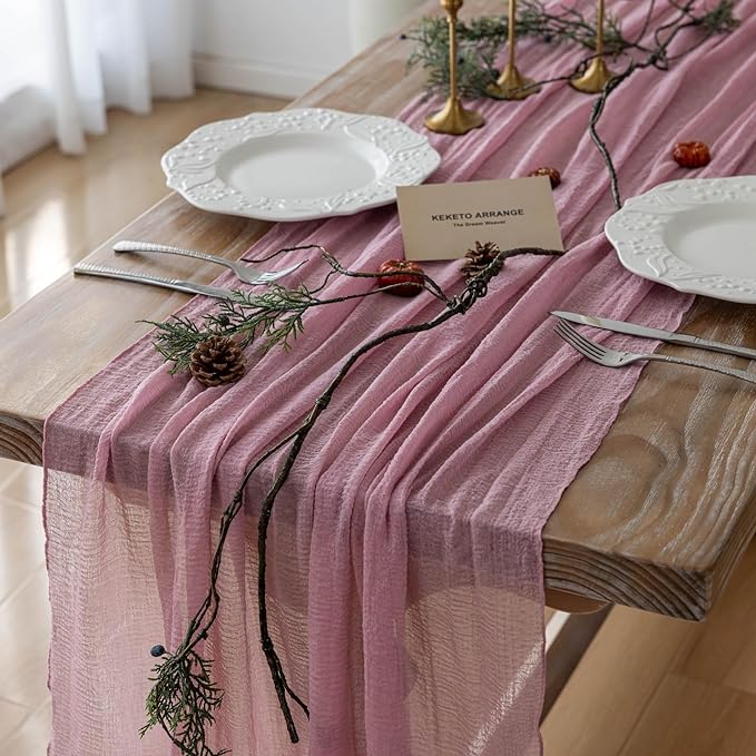 3pcs Cheesecloth Table Runner Dusty Rose Gauze 120 Inch 10 FT Rustic Boho Cheese Cloth Runner for Wedding Baby Shower Bridal Shower Party Long Sheer Centerpiece Fall Home Decoration
