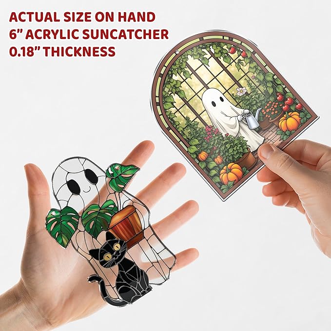 2 Cute Halloween Decoration Suncatchers, Spooky Cute Ghost Plant Window Hangings, Ghost with Black Cat Greenhouse, Pumpkin Ornaments Home Garden, Gifts for Mom, Plant Lovers, Women, Girl SS358