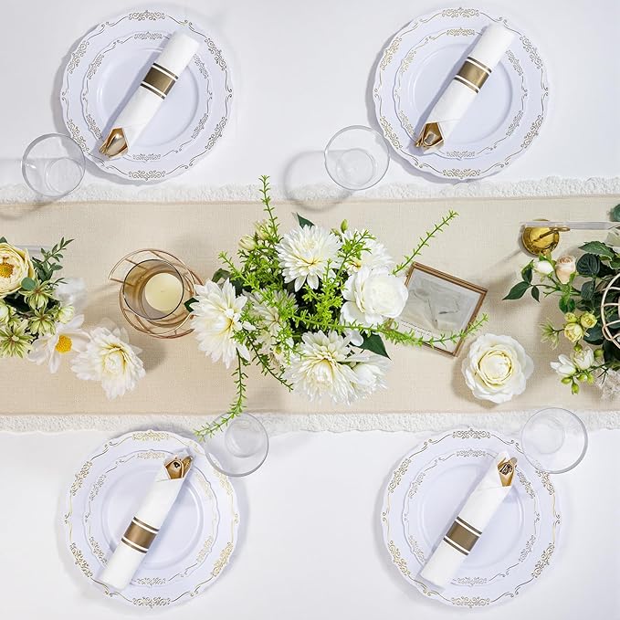 U-QE 350PCS Gold Plastic Plates - Disposable Dinnerware Set for 50 Guests - White and Gold Plates and Napkins Party Supplies include 100 Plate, 150 Silverware, 50 Cups, 50 Napkins for Weddings&Party