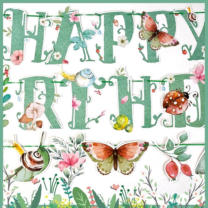 SUNBEAUTY Wildflower Happy Birthday Banner Sage Green Floral Flower Party Decorations Green Butterfly Flowers Banner Summer Spring Butterfly Birthday Party Decorations | Pre-Strung