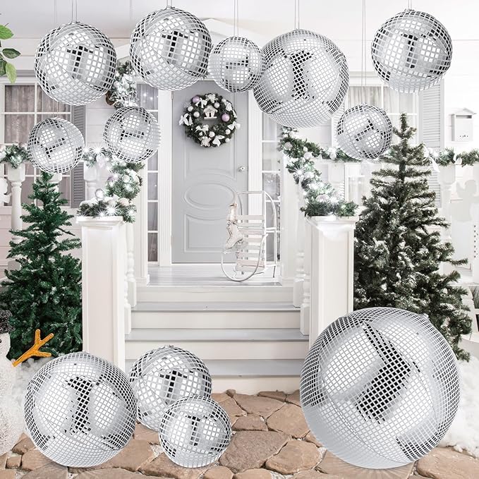 HyDren 12 Set Inflatable Disco Ball with Cover Foldable Hanging Mirror Disco Ornaments for Christmas Wedding Birthday Baby Shower Bachelorette Party Indoor Outdoor (16/12/8/6 Inch)