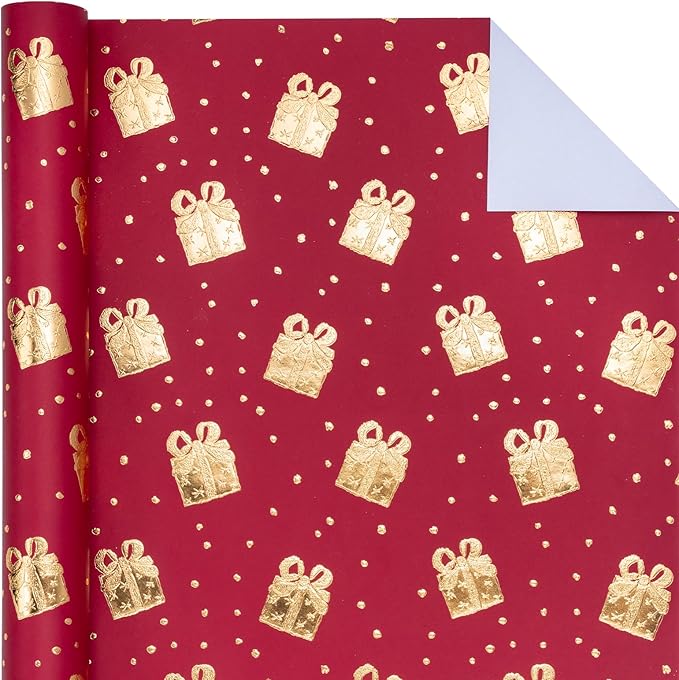 WRAPAHOLIC 3D Kraft Wrapping Paper Roll - Mini Roll - 17 Inch x 16.5 Feet - Gold and Red Christmas Presents Design with Embossed Perfect for Holiday, Party Celebration