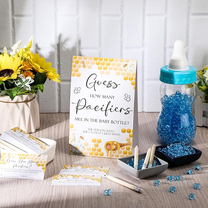 Roowest 512 Pcs Baby Shower Games Guess How Many Pacifiers Sign 100 Small Guessing Games 10 HB Pencils 750ml Milk Bottle 400 Acrylic Pacifiers Decoration for Guest Gender Reveal(Blue,Bee)