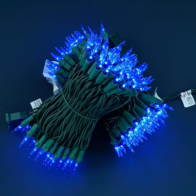 YULETIME 200 Blue Christmas Lights, Pack of 2 Sets 33 Feet 100 Count UL Certified Incandescent-Like LED Mini String Lights (Blue - Green Wire)