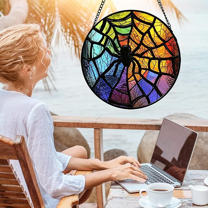 Stained Glass Suncatcher, Colorful Spider Sun Catcher Black Insect Stain Glass Window Hanging Decoration Mother's Day Birthday Gifts for Women Men Mom Nana 9.8 in