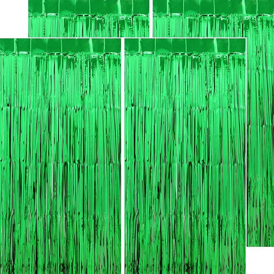 Football Party Decorations Green Streamers - Thicken 4 Pack 3.2 x 8.2 FT - Tinsel Foil Fringe Curtains Party Backdrop for Birthday, Dinosaur, Jungle, Christmas, Golf Party Decorations