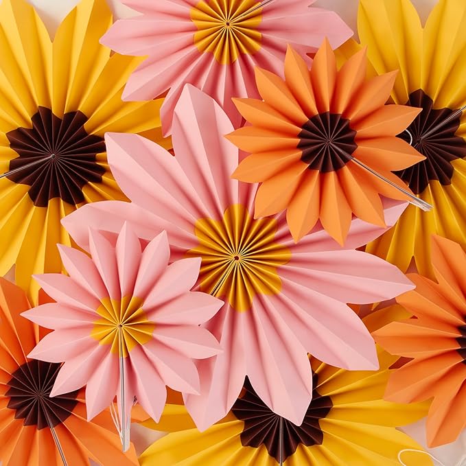 Homarkable 9 PCS Paper Flowers Decorations, Yellow, Pink and Orange Birthday Decorations, Sunflower Folding Paper Fans, Classroom Decoration Floral Backdrop Decor