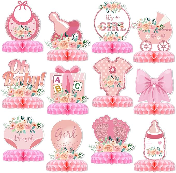 12 Pcs Baby Shower Decorations for Girl Glitter Pink Honeycomb Centerpieces for Baby Shower Table Decorations It's a Girl Centerpiece Decor Party Supplies