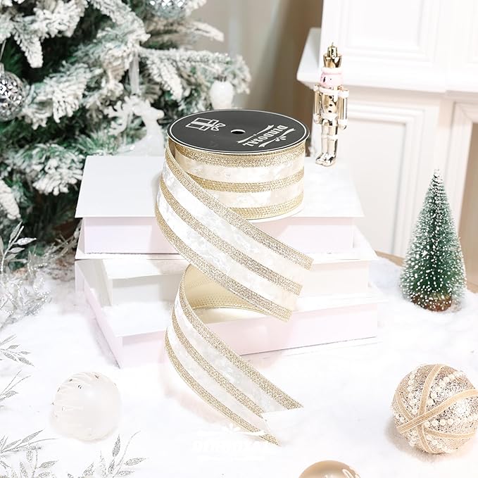 Ivory Velvet Wired Ribbon with Champagne Glitter Stripe 2.5 Inch Crushed Velvet Christmas Ribbon, 10 Yards for Gift Wrapping, Crafts, Christmas Tree Decorations, Wreath Supplies, Garlands