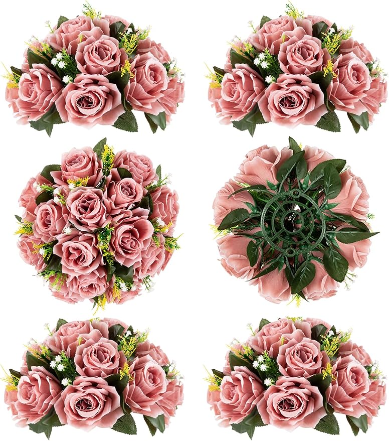 BLOSMON Dusty Pink Flowers Decoration: 6 Pcs Artificial Roses Flowers Balls for Wedding Dinning Table Centerpieces - Fake Silk Kissing Floral Arrangement for Home Party Event