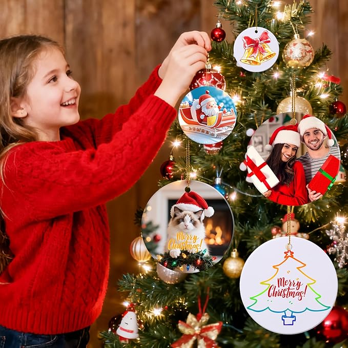 25 Pack Ceramic Sublimation Ornament Blank 3 inch Round Crafting DIY Personalized Printed Christmas Decorations Home Bulk White Porcelain Xmas Tree Crafts Decor