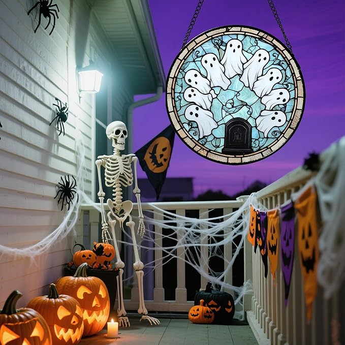 Stained Glass Window Hanging - Halloween Decorations Ghosts Tombstones Suncatcher for Doors Garden Indoor Spooky Funny Sun Catchers Gothic Decor Horror Gifts for Women Men Friend 15 in