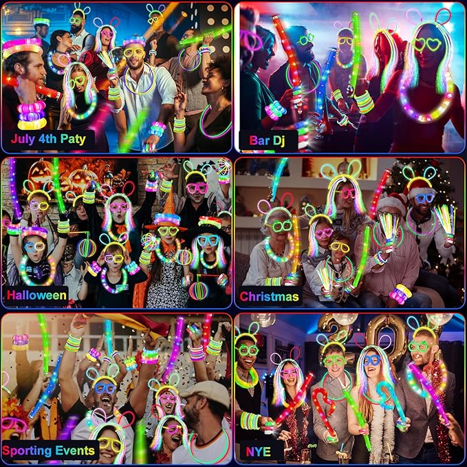 Halloween Party Supplies Glow in the Dark Party Favors for Adults Kids, 27 Carnival Accessories, 56 LED Light Up Toys Bulk, 100 Glow Sticks Party Pack, Neon Party Supplies & Decorations