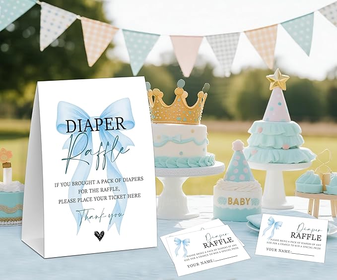 Blue Bow Baby Shower Diaper Raffle, Baby Shower Game, Include One 5×7 Sign and 50 Diaper Raffle Tickets, Blue Coquette Bow Gender Reveal Party Decoration Supplies - FG18