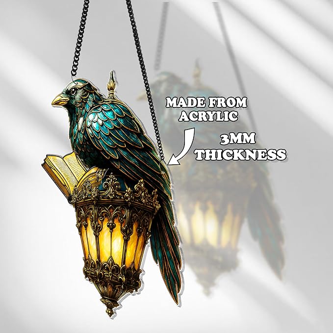 Gothic Halloween Crow Decoration, Raven Lamp Acrylic Suncatcher, Black Bird Window Hanging Ornament, Witchy Spooky Sun Catcher Gift for Women, Friends, Bird Lovers, Halloween, Fall, Christmas Décor