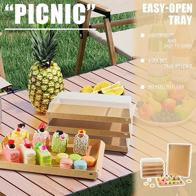 5 Pack 11" x 7.5" Serving Trays Sets Catering Trays with Lids, Paper Charcuterie Boxes with Clear Lids, Party Platters Take Out Food Containers for Snacks Fruit Cookies Dessert Sandwiches