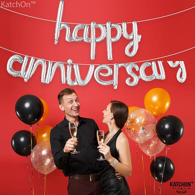 KatchOn Happy Anniversary Balloons - 16 Inch Silver | Banner for Decorations | Cursive Balloon for Party Decorations