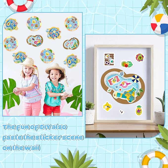 CY2SIDE Summer Pool Sticker Scene - 12 Set Make A Pool Scene Art Craft with Swimming Ring for Kids Make Your Own Swimming Sticker Art Craft DIY Summer Party Games Classroom Fun Activities