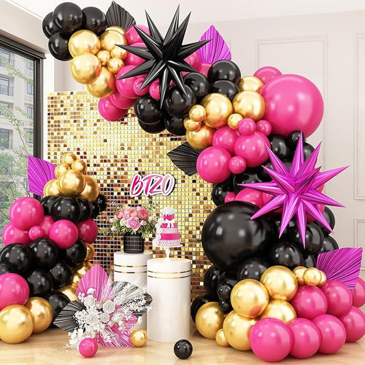 Hot Pink Black Balloon Arch Kit,Balloon Garland with Black Hot Pink Star Foil Balloons Metallic Gold Balloons for Birthday Baby Shower Wedding Engagement Anniversary Party Decorations
