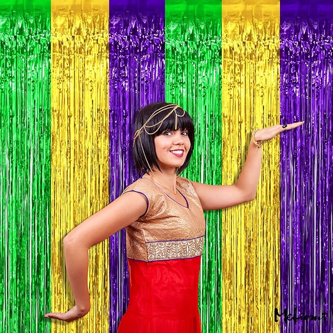 4 Pack 3.2Ft x 9.8Ft Mardi Gras Fringe Curtain Backdrop, Gold Green Purple Metallic Tinsel Foil Fringe Streamers Curtains Background for Photo Booth Birthday Wedding Carnival Party Decorations