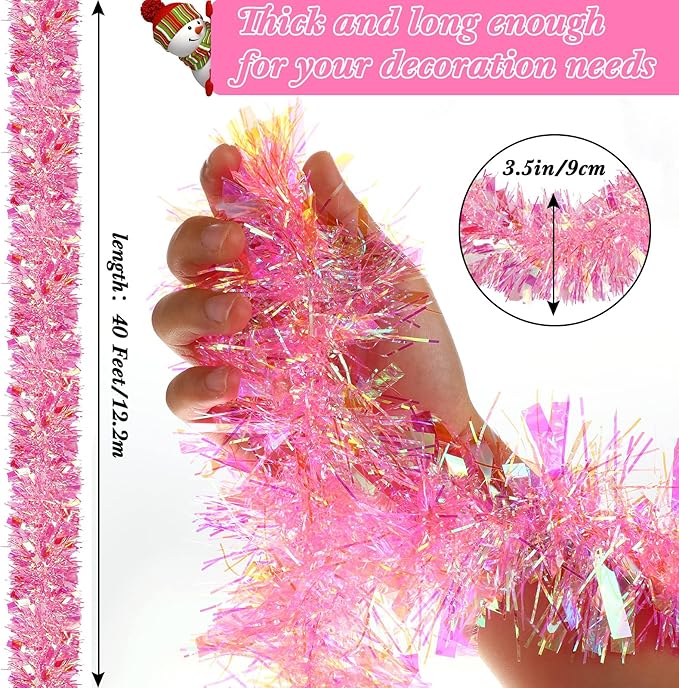 Dilunave 40 Feet Christmas Tinsel Garland Metallic Foil Twist Tinsel Garland Decoration for Christmas Tree, Wedding, Birthday and Party Hanging Decorations(Pink, Rainbow)