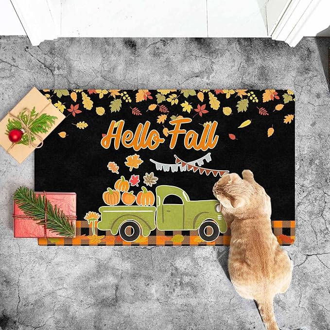 Fall-Happy-Thanksgiving Door Mat Fall Truck Maple Leaves Welcome Doormat, Seasonal Harvest Thanksgiving Vintage Rustic Low-Profile Floor Switch Mat for Indoor Outdoor, 30"x18"inch, 24"x16"inch