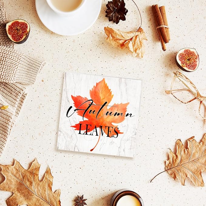 Funny Autumn Maple Leaves Wood Box Sign Autumn Leaves Wooden Block Desk Decor for Home Office Kitchen Cubicle Table Shelf Tabletop,Farmhouse Fall Sign Decor