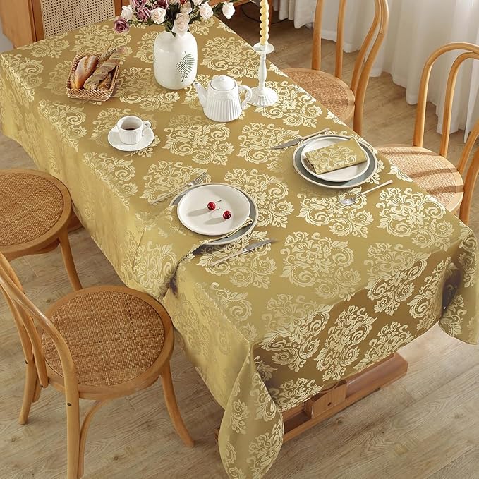 SASTYBALE Damask Gold Tablecloth for Rectangle Tables 60 x 84 Inch, Floral Jacquard Machine Wash Oil Proof Fabric Table Cloth, Thick Table Cover for Dining/Party/Wedding/Indoor/Outdoor