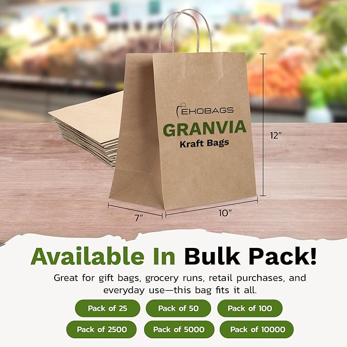 10.000 PACK | EKOBAGS | Granvia 10x7x12 inches, Kraft Paper Gift Bags with Handles | 115 GSM Brown Paper Bags for Small Business, Shopping & Party Favors | Recyclable | Holds up to 13.8L/8 lbs.