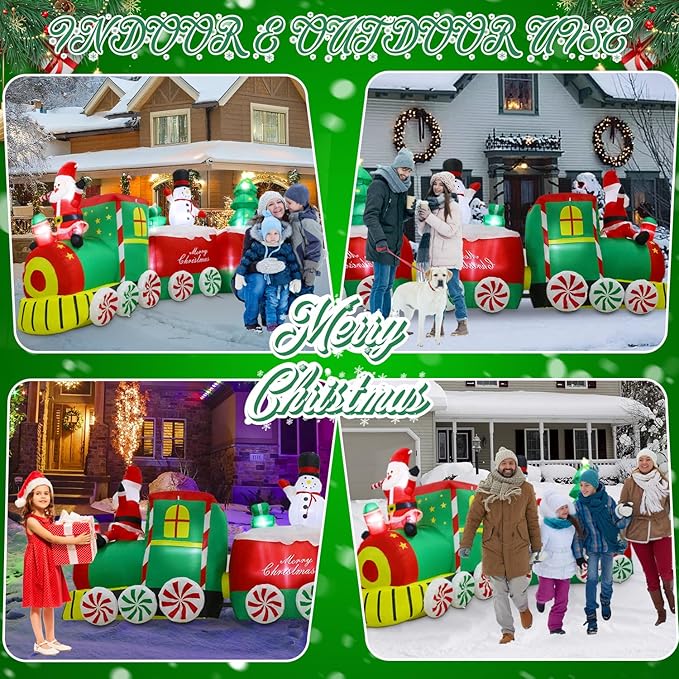11 FT Christmas Inflatable Train Decoration with Santa Claus, Red & Green, Multicolor LED Lights, Weather Resistant